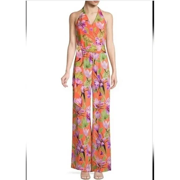 New! ALICE & OLIVIA CYRUS CORAL FLORAL JUMPSUIT HALTER SIZE 10 - Picture 4 of 12